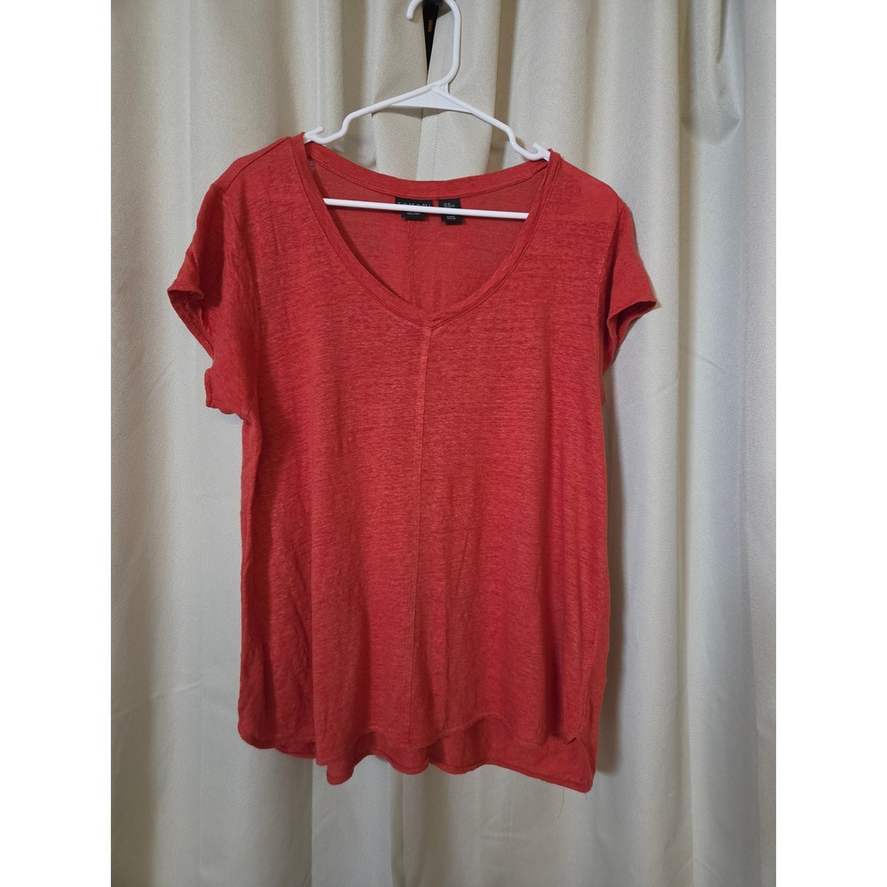 Tahari Women XL Red 100% Linen V-Neck Short Sleeve Seam Detail T-Shirt Top